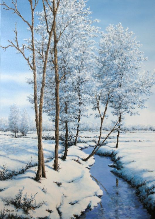 Piero Rasero, Neve e brina sulla roggia, 2015. Olio su tela 50 x 70